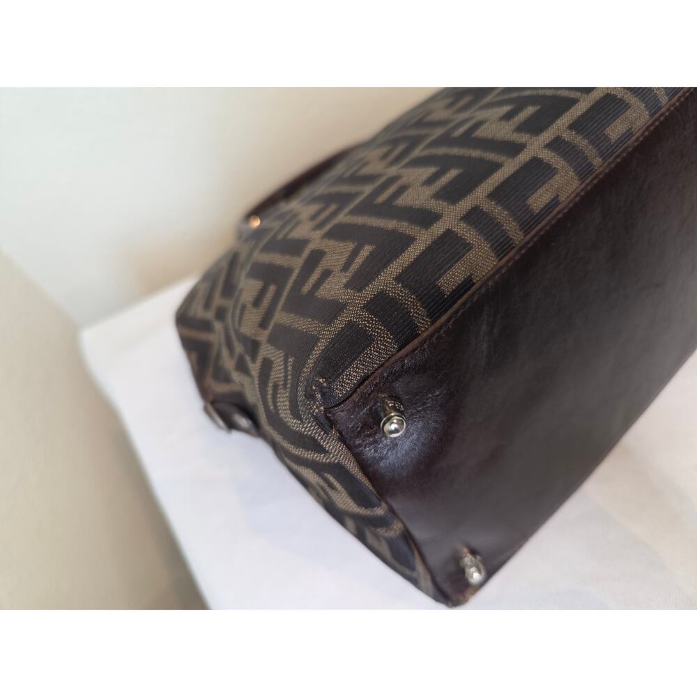 Fendi Zucca Canvas Brown Leather Trim Satchel Bag Silver Hardware Tote Vintage - Picture 4 of 16